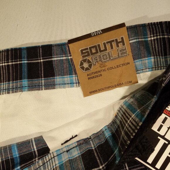 SOUTHPOLE Shorts  Men's 46  Blue/Black Plaid  Belt Included  Long  Baggy  NWT - Picture 6 of 11